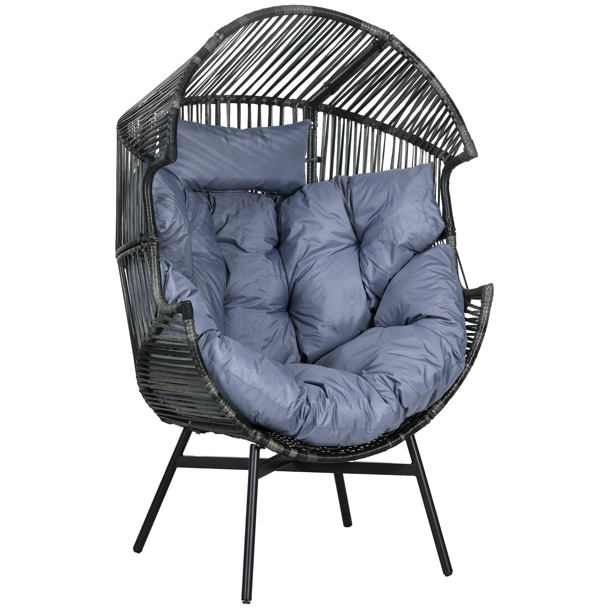 Rattan Leisure Chair w/ Cushion, Garden Egg Chair with Headrest, Grey